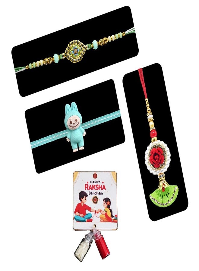 Saugat Traders Family Rakhi Set of 3 for Bhaiya Bhabhi and Kid - Designer Rakhi for Brother - Handmade Lumba - Cartoon Character Roli Chawal Tilak Bottle - Image 1